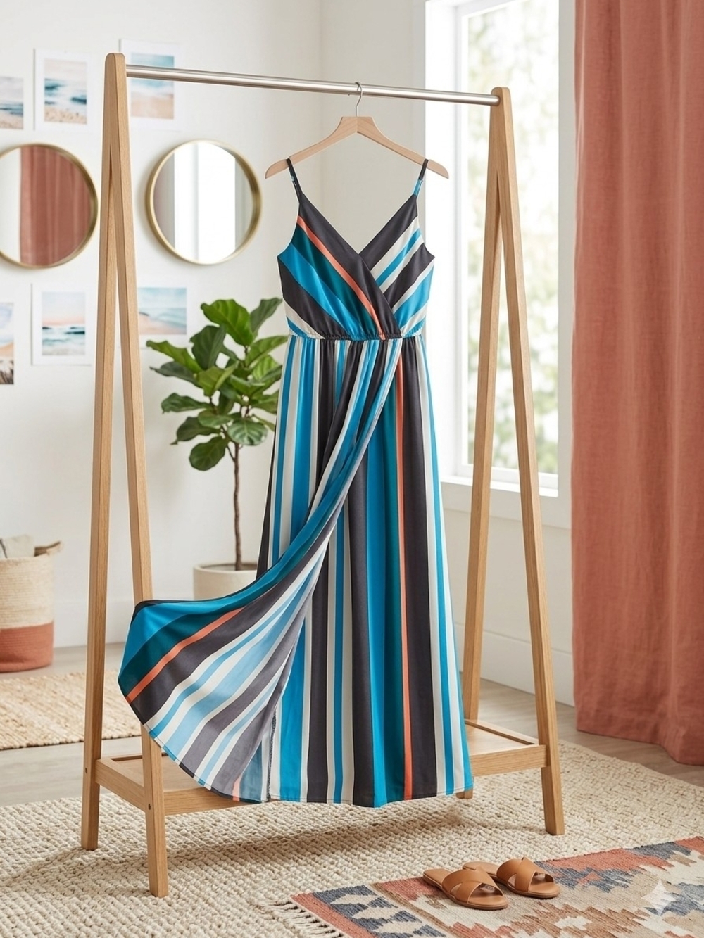 ​ANN TAYLOR LOFT Striped Faux Wrap Maxi Dress Small Blue Teal Orange Ruffle - Picture 2 of 16